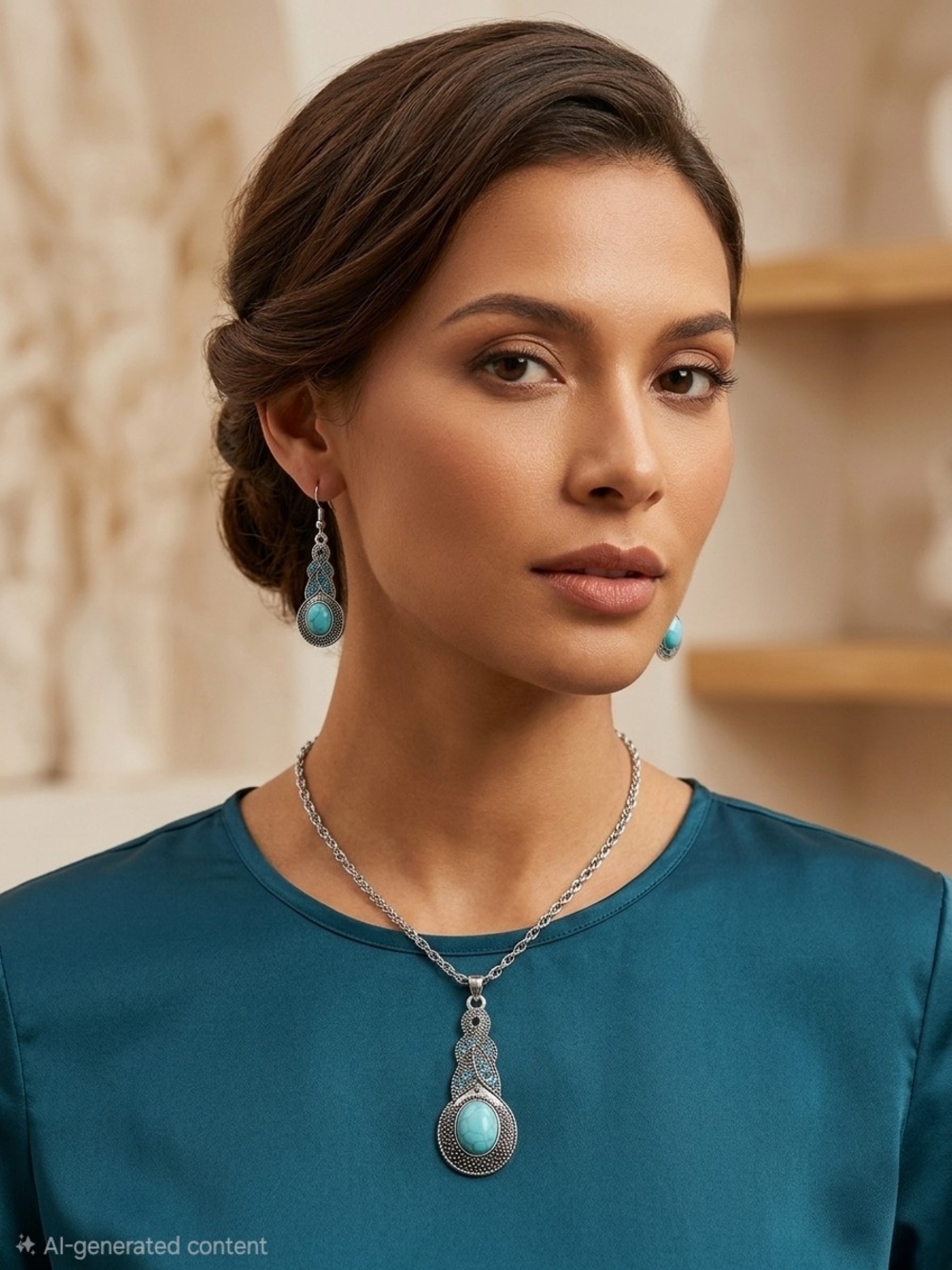 Silver-Tone Turquoise Teardrop Pendant Necklace and Earrings Set
